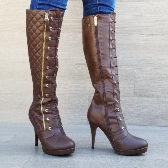 Shoes - Brown Quilt Knee High Platform Boots